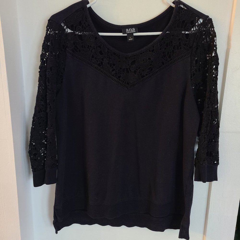 ANA 3/4 Sleeve Black Sweatshirt with Lace Crochet